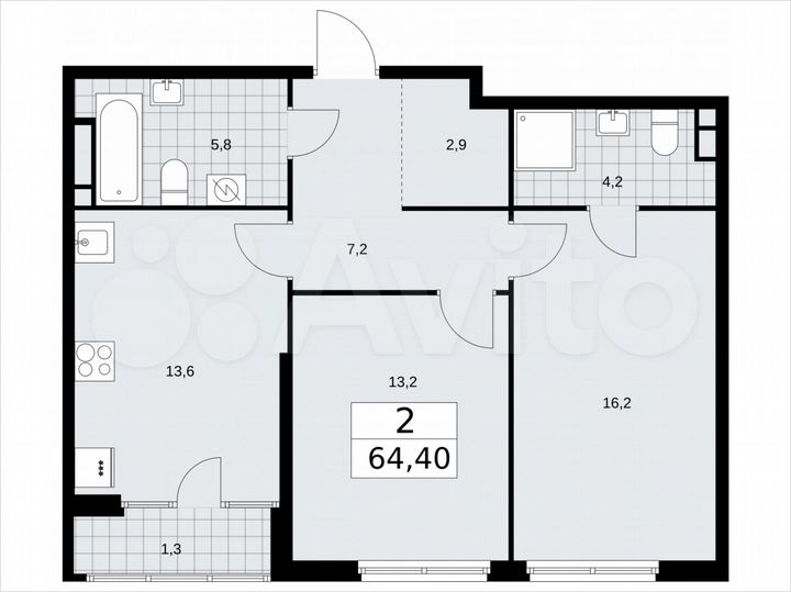 2-к. квартира, 64,4 м², 14/16 эт.