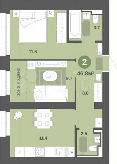 2-к. квартира, 46,8 м², 9/9 эт.