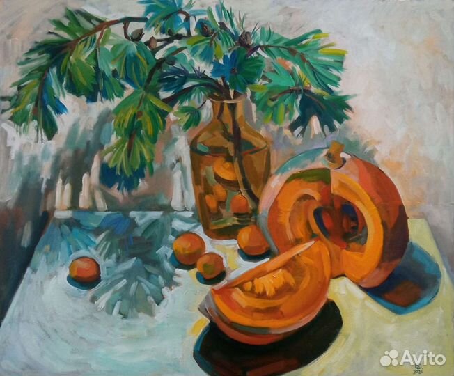 Картина маслом Натюрморт с тыквой,мандаринами и со