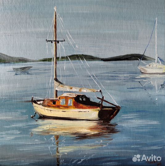 Картина морской пейзаж лодка на море 15х15 см