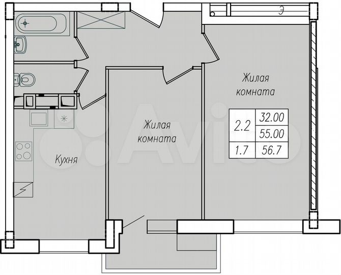 2-к. квартира, 56,7 м², 1/10 эт.