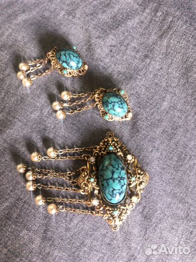 Комплект винтаж брошь клипсы Чехия