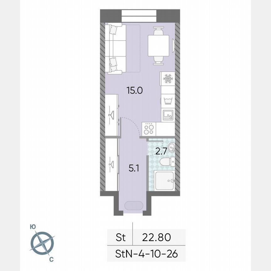 Квартира-студия, 22,8 м², 26/28 эт.