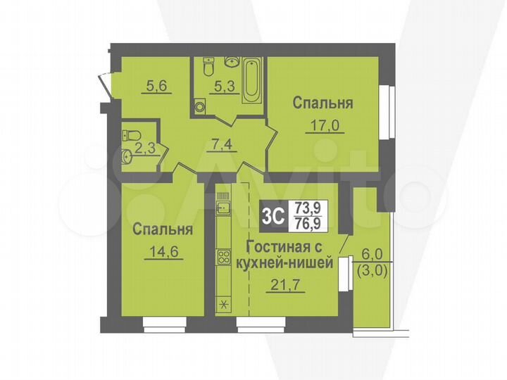 3-к. квартира, 76,9 м², 3/14 эт.