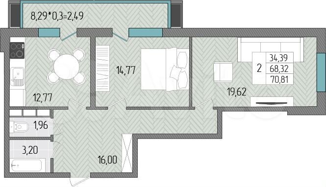 2-к. квартира, 70,8 м², 5/8 эт.