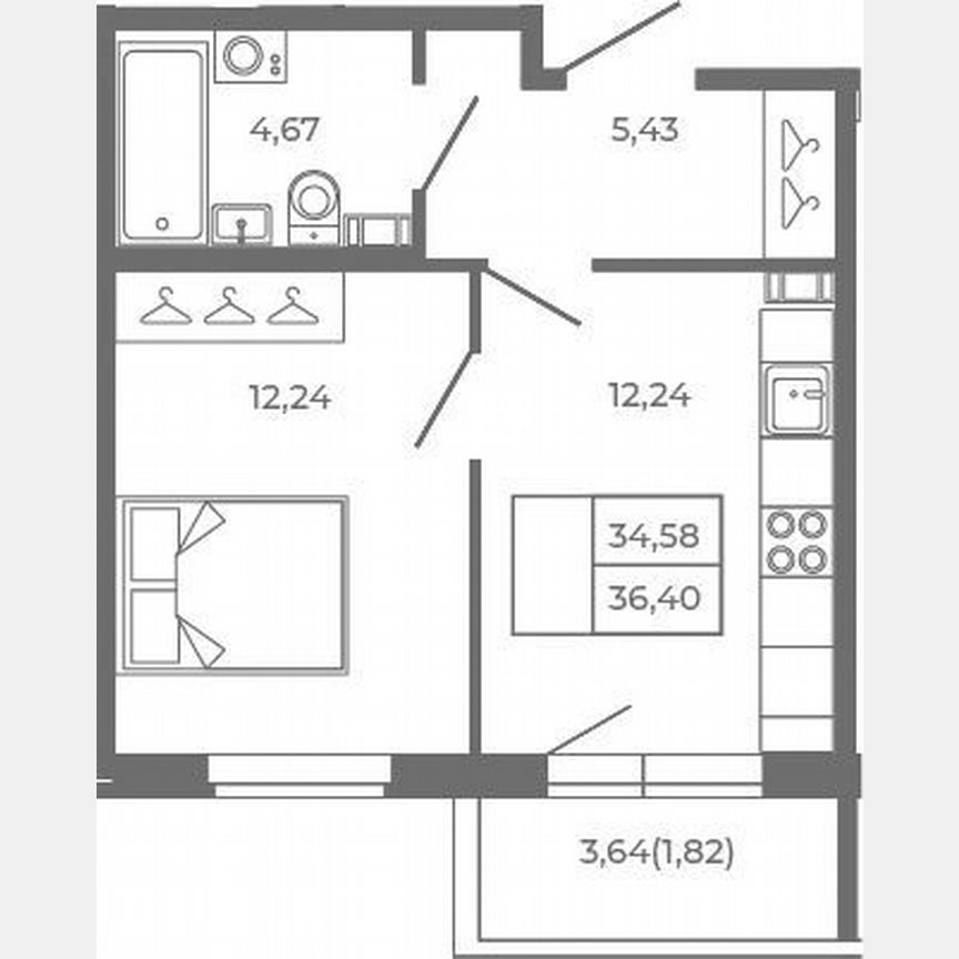 1-к. квартира, 34,6 м², 1/4 эт.