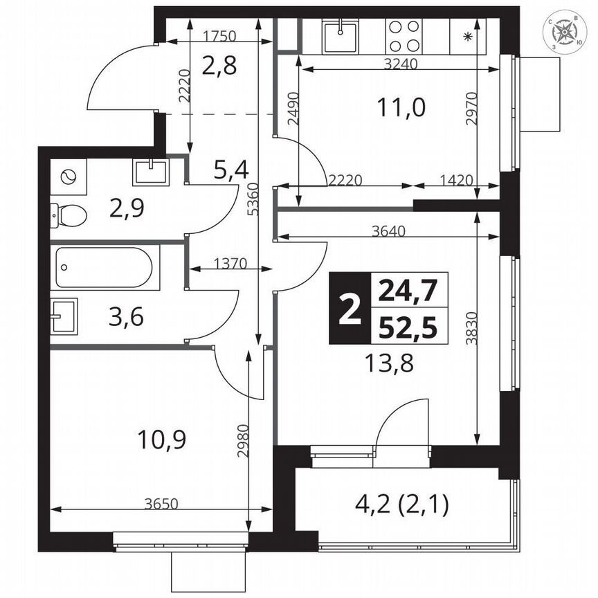 2-к. квартира, 52,5 м², 25/25 эт.