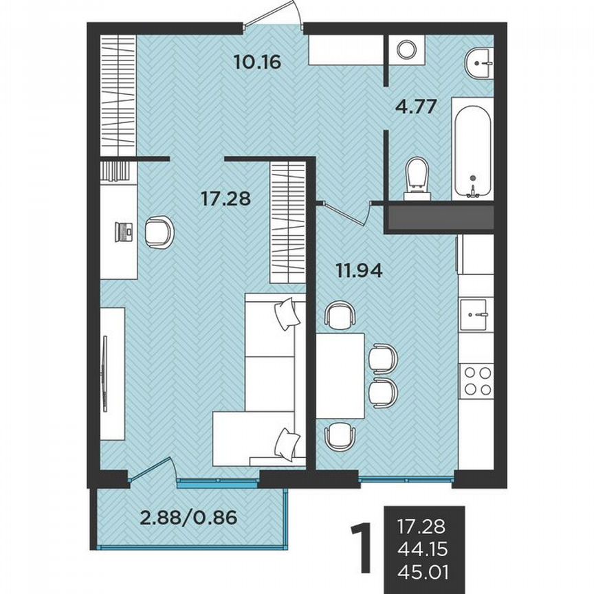 1-к. квартира, 44,9 м², 3/3 эт.