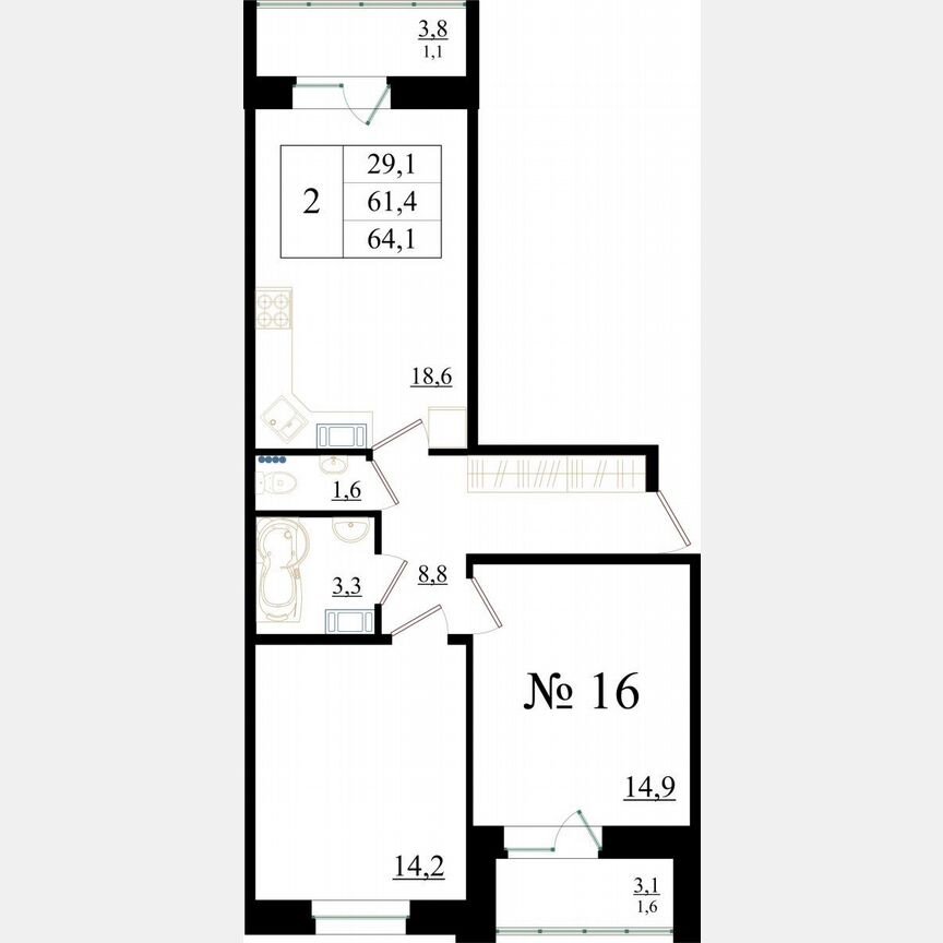 2-к. квартира, 64,1 м², 2/8 эт.