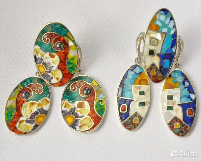 Серьги кольцо с эмалью, мозаика ручная работа