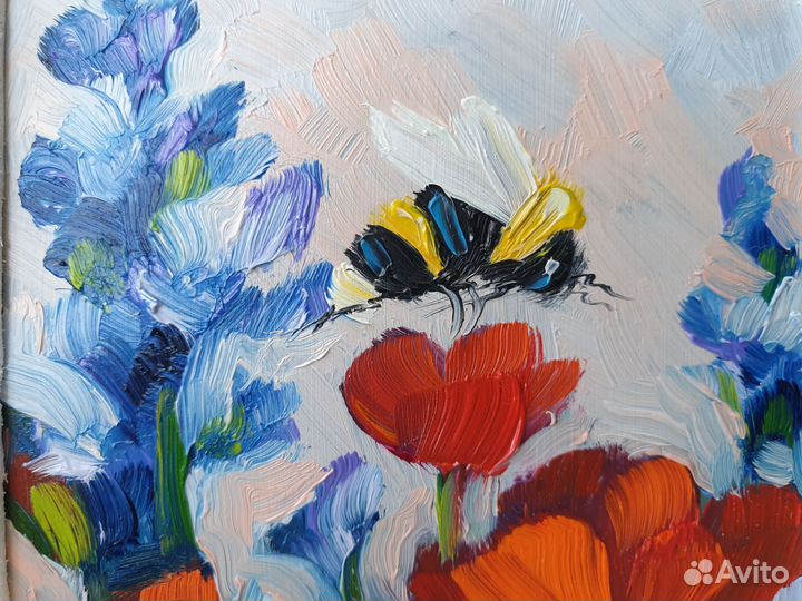 Картина Маки и Лаванда миниатюра в раме масло