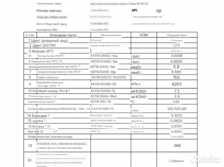 Оригинальное моторное масло toyota SN 5W-30