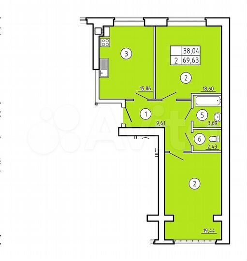 2-к. квартира, 69,6 м², 5/9 эт.