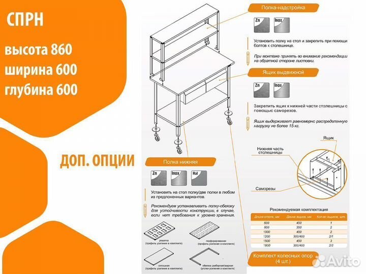 Стол производственный спрн 860х600х600 «Norma Zn»