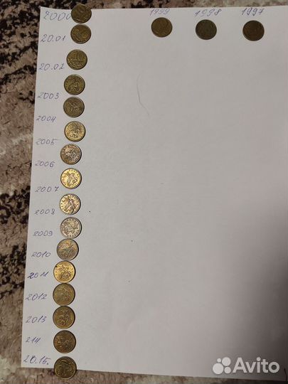 Монеты 10 копеек весь выпуск с 1997 по 2015 год