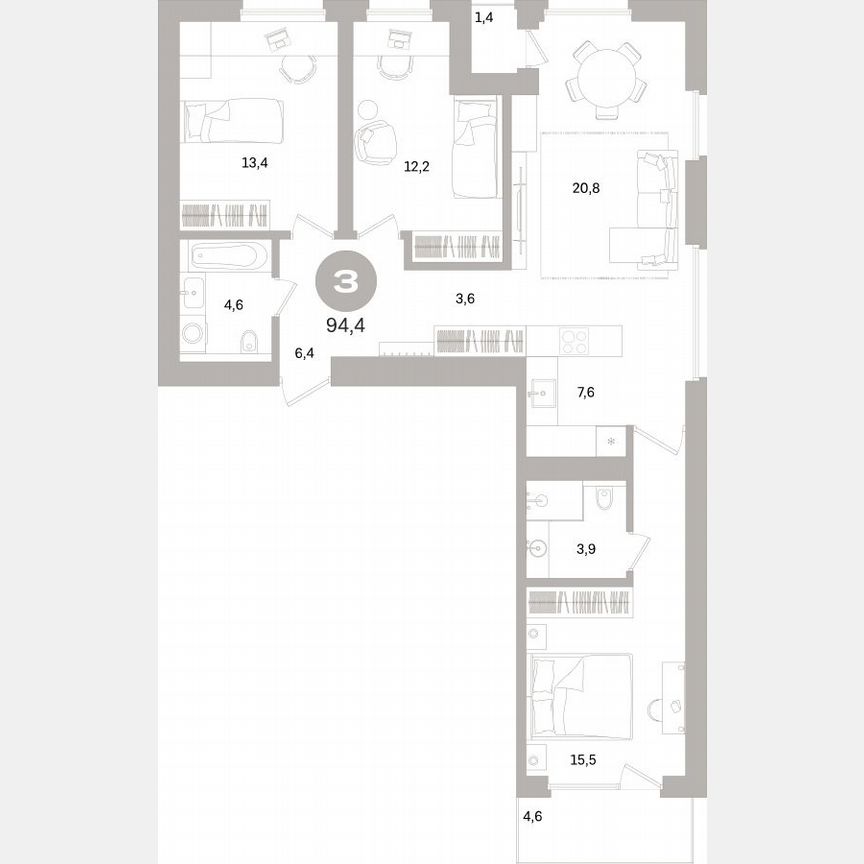 3-к. квартира, 93,5 м², 3/16 эт.