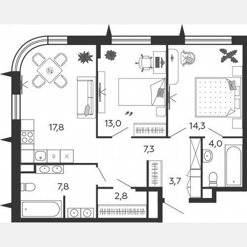 2-к. квартира, 70,7 м², 6/17 эт.