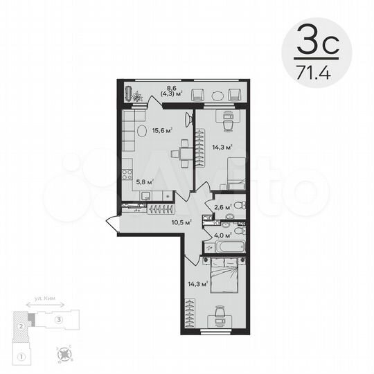 3-к. квартира, 71,4 м², 5/12 эт.
