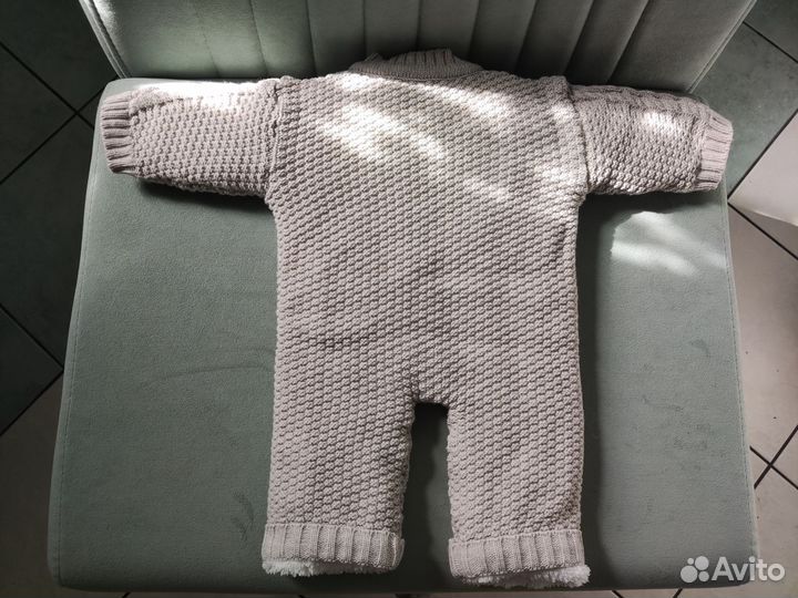 Комбинезон вязаный на меху + шапка + пинетки (р56)