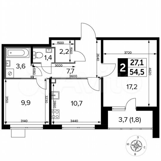 2-к. квартира, 54,5 м², 18/24 эт.