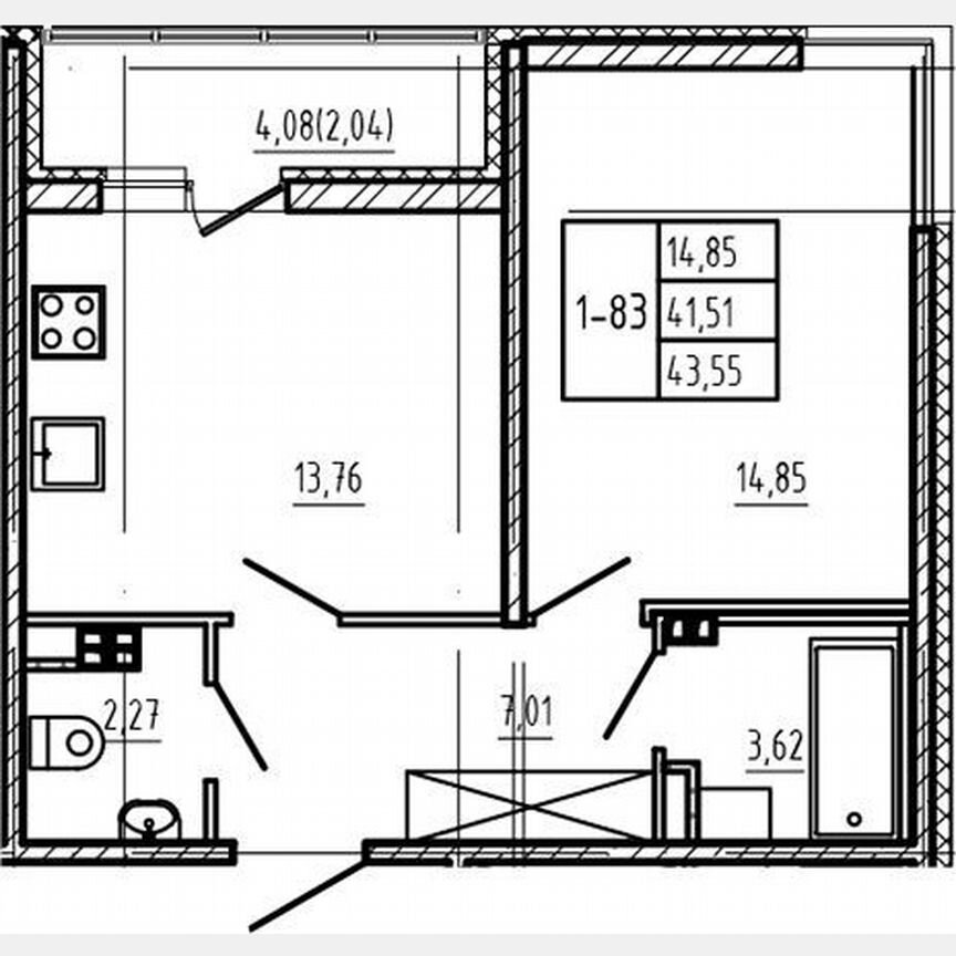 1-к. квартира, 41,5 м², 3/4 эт.