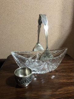 Ваза конфетница ладья хрусталь мельхиор