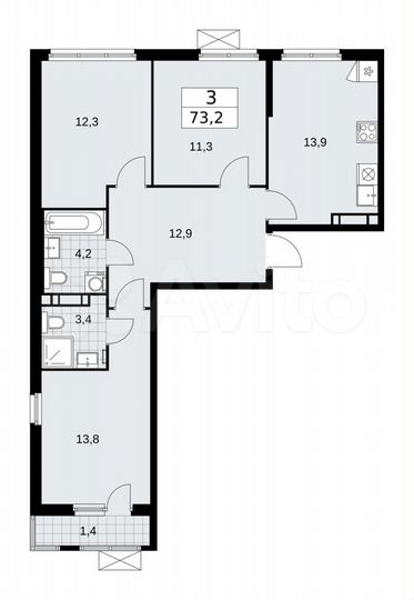 3-к. квартира, 73,2 м², 9/16 эт.