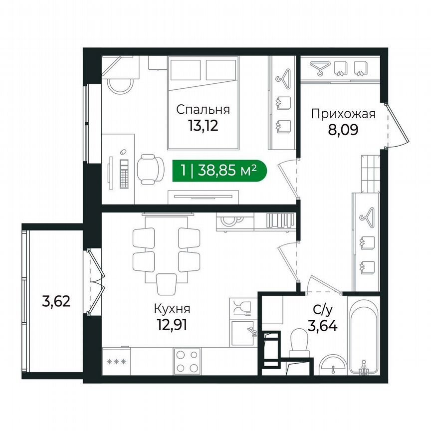 1-к. квартира, 38,9 м², 4/8 эт.
