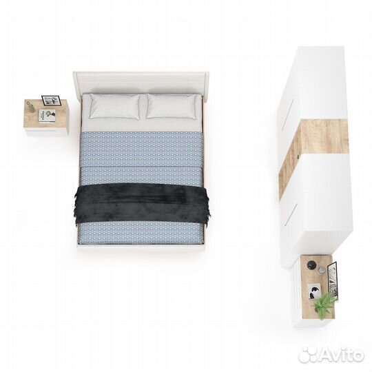 Мебель в спальню Муссон № 5 цвет белый/дуб эндгрейн элегантный/искусственная кожа белая, кровать с п