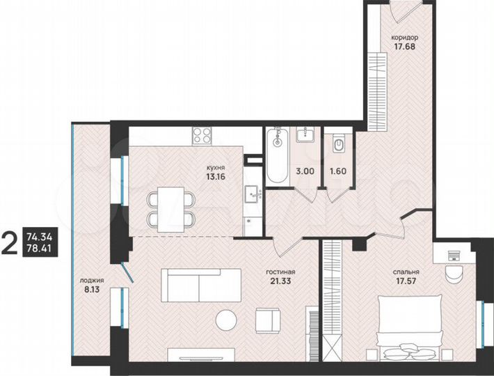 2-к. квартира, 78,4 м², 2/13 эт.