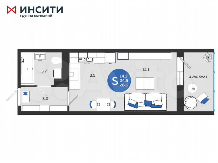 Квартира-студия, 26,6 м², 5/24 эт.