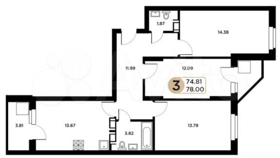 3-к. квартира, 78 м², 11/26 эт.