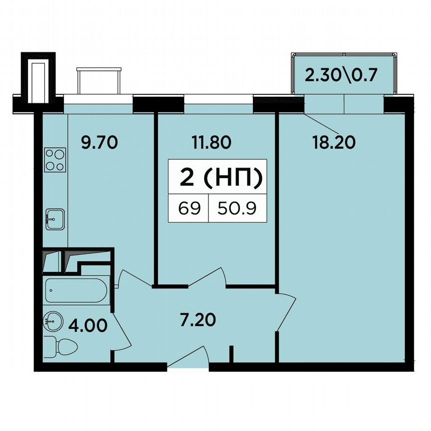 2-к. апартаменты, 50,9 м², 5/18 эт.