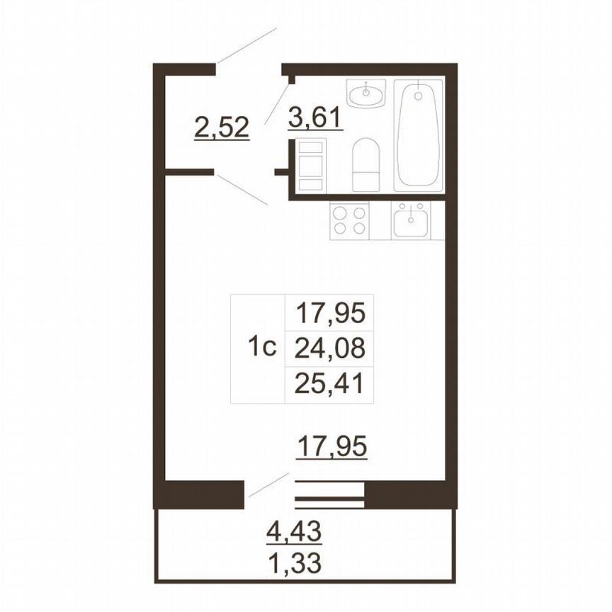 Квартира-студия, 25,4 м², 2/6 эт.