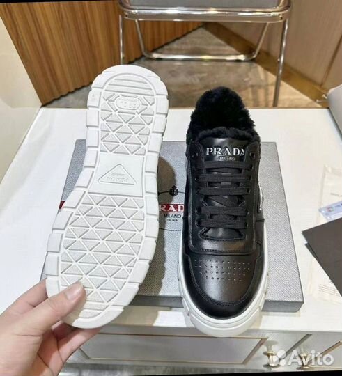 Кеды мужские Prada кожа, мех натуральный