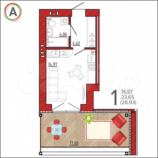 1-к. квартира, 28,9 м², 1/9 эт.