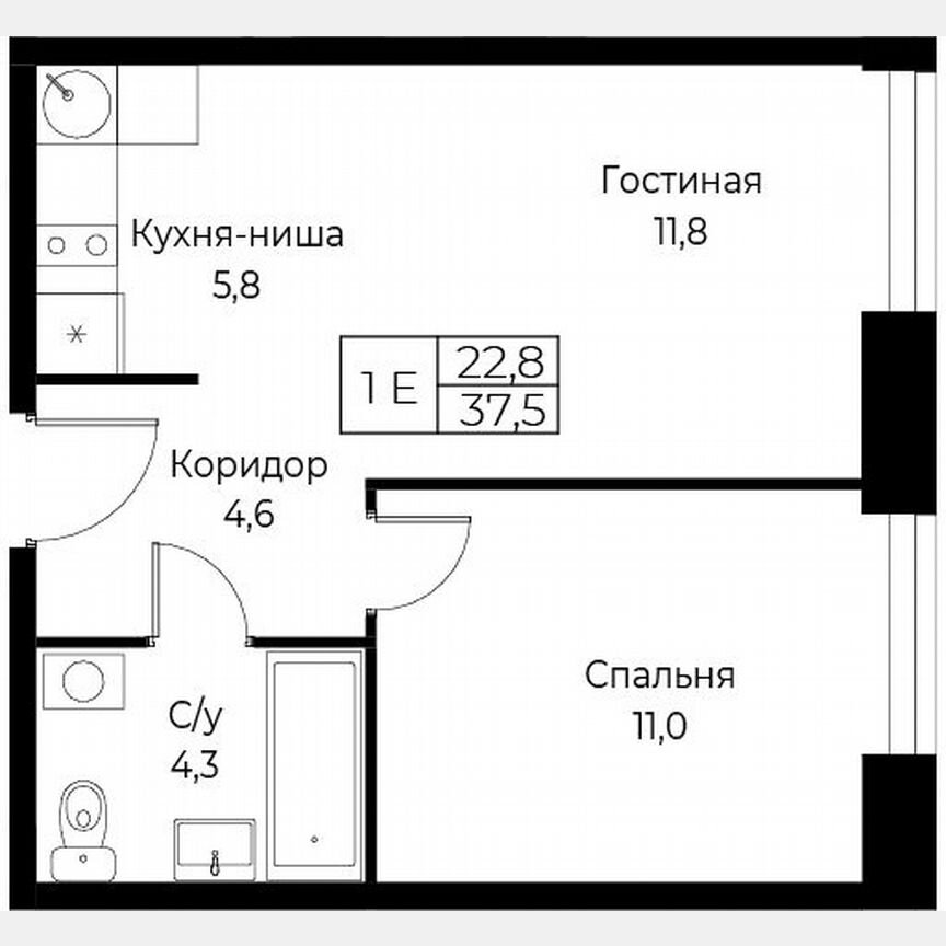 1-к. апартаменты, 37,5 м², 2/30 эт.