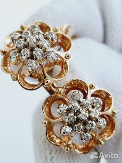 Золотые серьги 583 малинки с бриллиантами