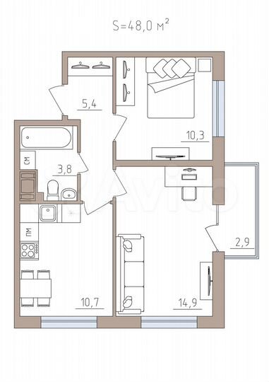 2-к. квартира, 48 м², 3/7 эт.