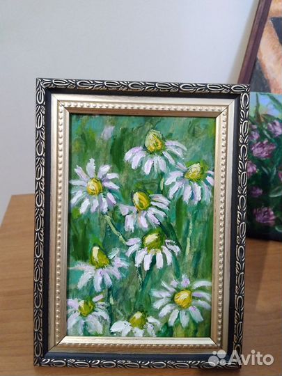 Картина маслом, миниатюра, цветы, ромашки