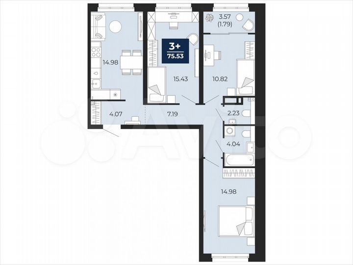 3-к. квартира, 75,5 м², 14/22 эт.