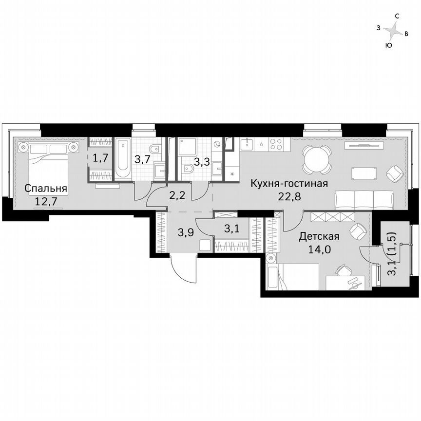 2-к. квартира, 69,6 м², 28/46 эт.