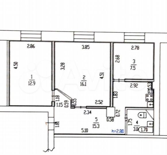 3-к. квартира, 55 м², 2/5 эт.