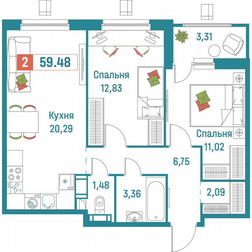 2-к. квартира, 59,5 м², 13/18 эт.