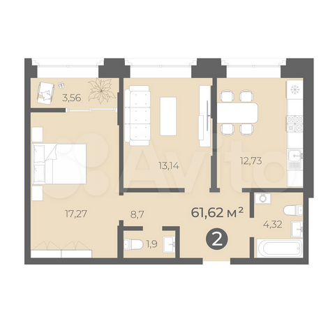 1-к. квартира, 61,6 м², 3/16 эт.