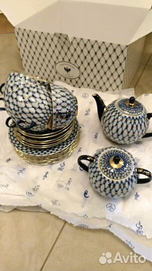 Сервиз чайный кобальтовая сетка ф. тюльпан золото