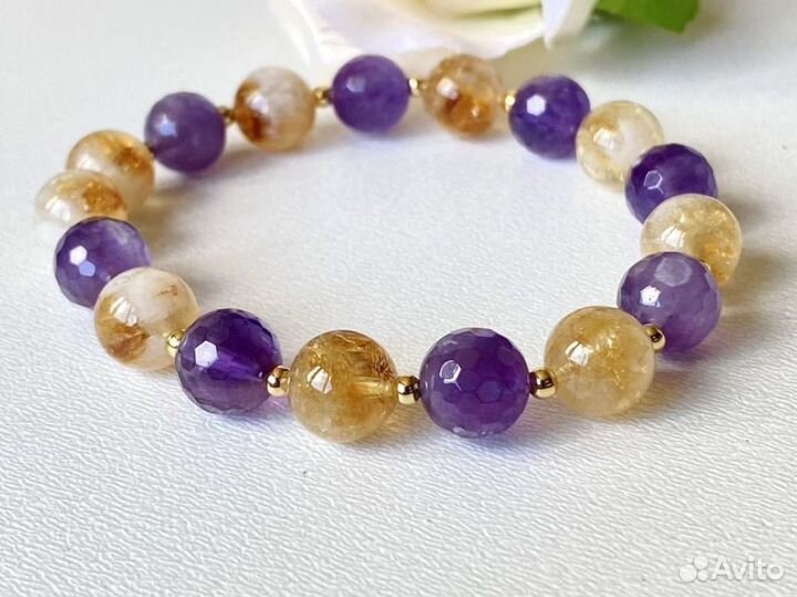 Браслет с натуральными камнями, аметист и цитрин