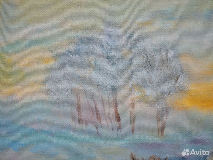 Картина маслом зимний пейзаж с рекой