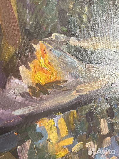 Картина маслом на холсте пейзаж горы лес домик