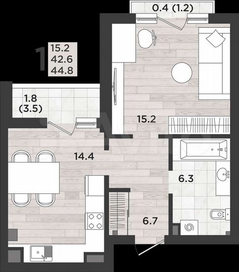 1-к. квартира, 44,8 м², 3/12 эт.